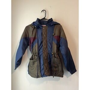 Vintage‎ Lucky Star 100% Silk Parka Colorblock Womans Medium Cinch Waist Hooded